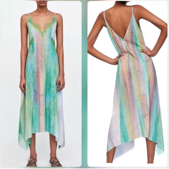 Zara Long Strappy Sea Green Lace Trimmed Dress - Picture 1 of 11